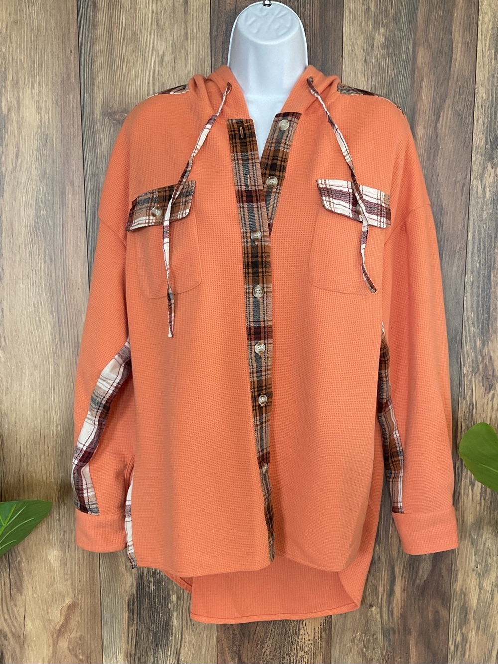 Orange Waffle Knit Hooded Utility Jacket with Plaid Trim M 188J